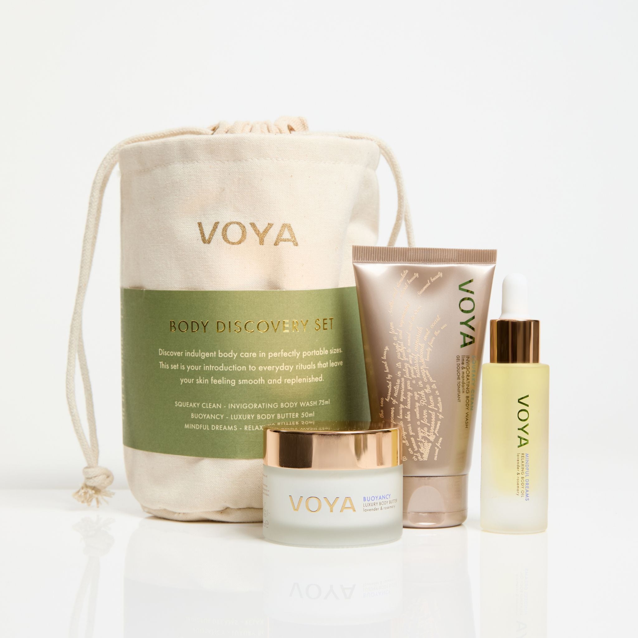 VOYA Discovery sett trio kropp med bag buoyancy body butter, mindful dreams olje og squeaky clean dusjgele