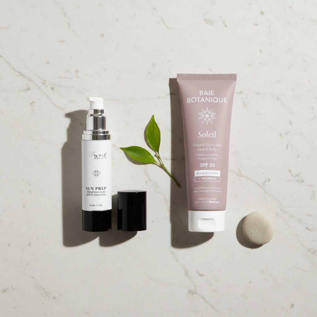 Flatlay av Hynt Beauty Sunprep og Baie Botanique Face & Body SPF50