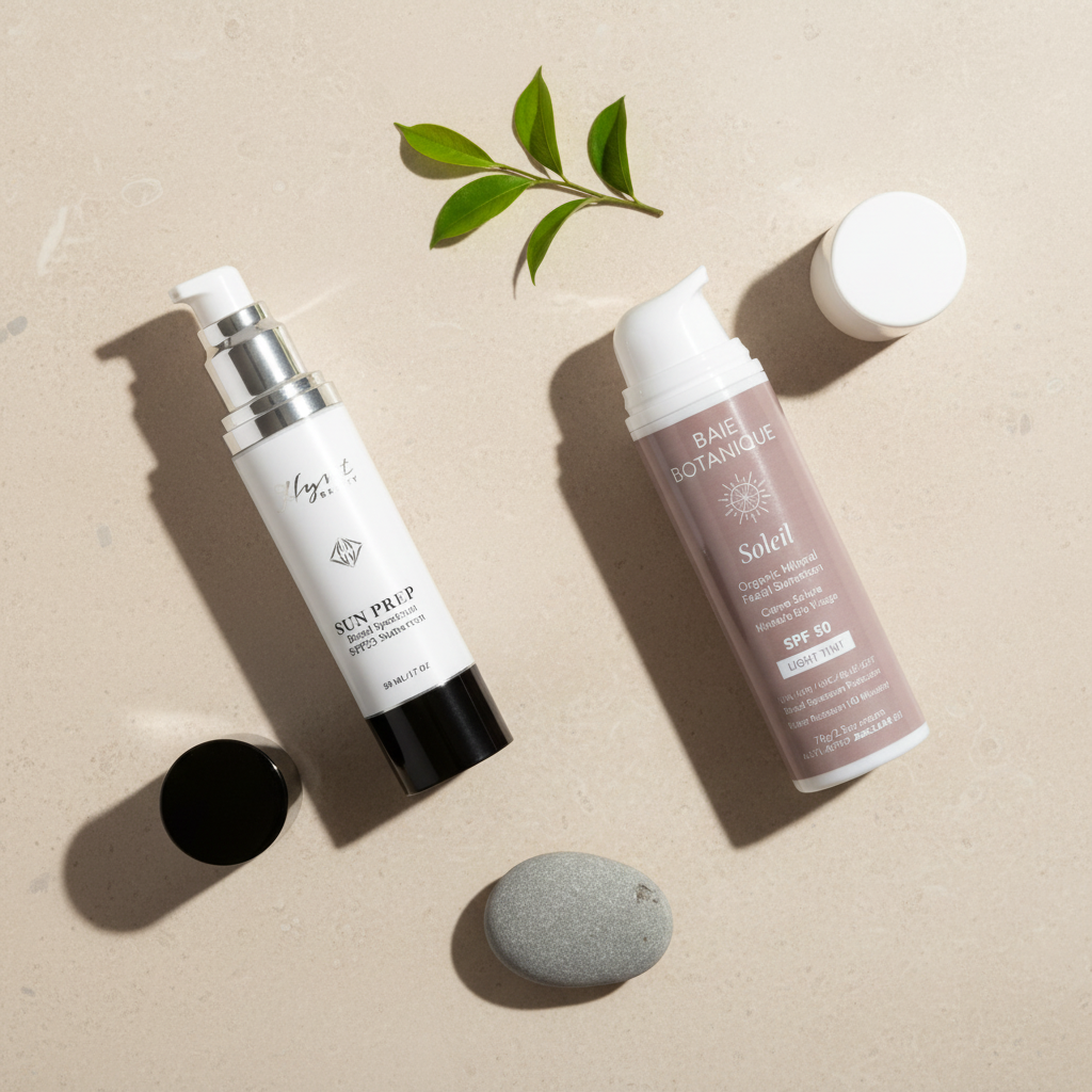 Flatlay av Hynt Beauty Sunprep og Baie Botanique solkrem - kvadratisk format