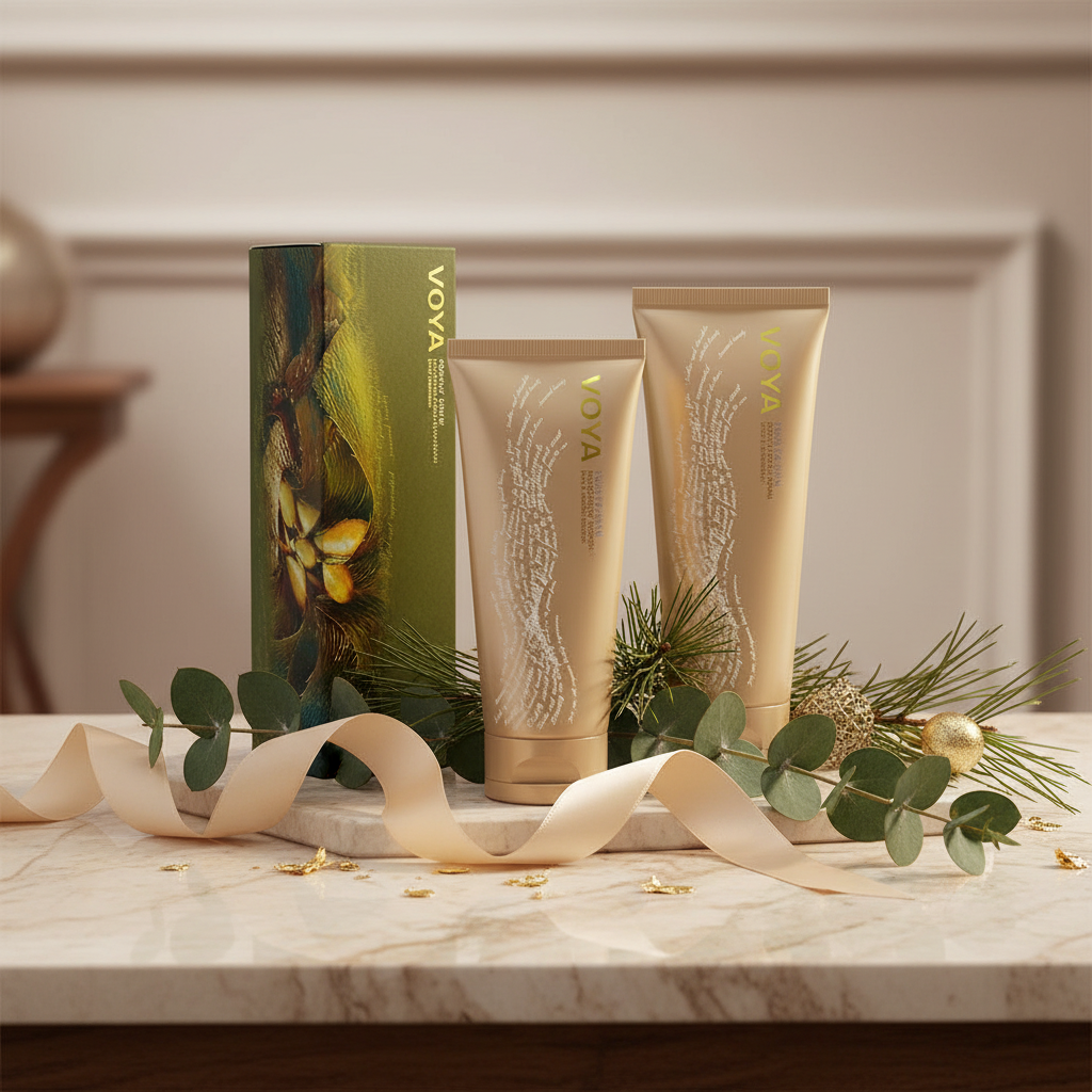 VOYA Hjemmespa Kroppspleie bundle med Squeaky Clean dusjsåpe, Time to Shine kroppsskrubb og Softly Does It bodylotion - økologisk spa-opplevelse for silkemyk hud