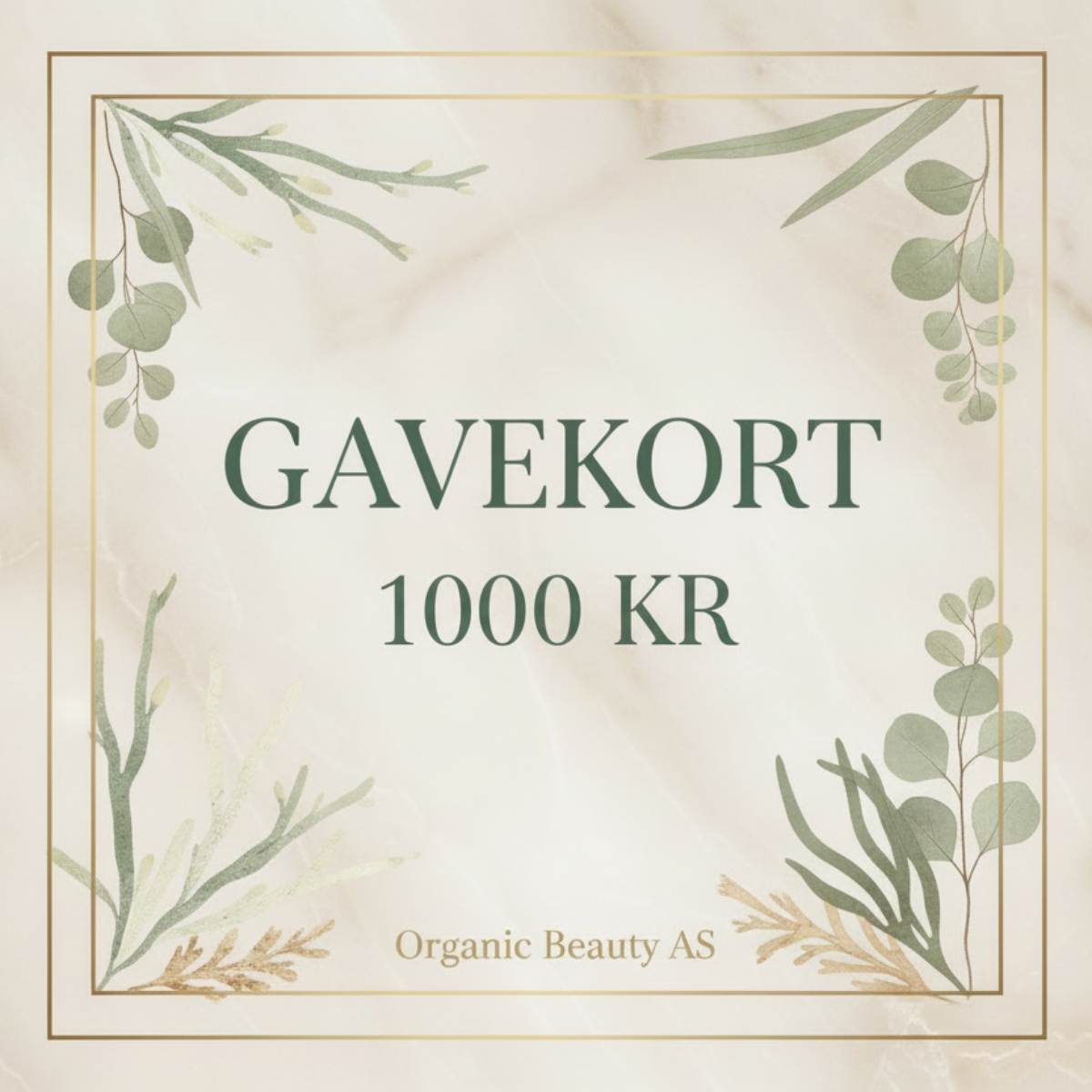 Gavekort 1000 kr: "Organic Beauty AS gavekort 1000 kr - luksuriøst design med beige marmor og botaniske elementer"