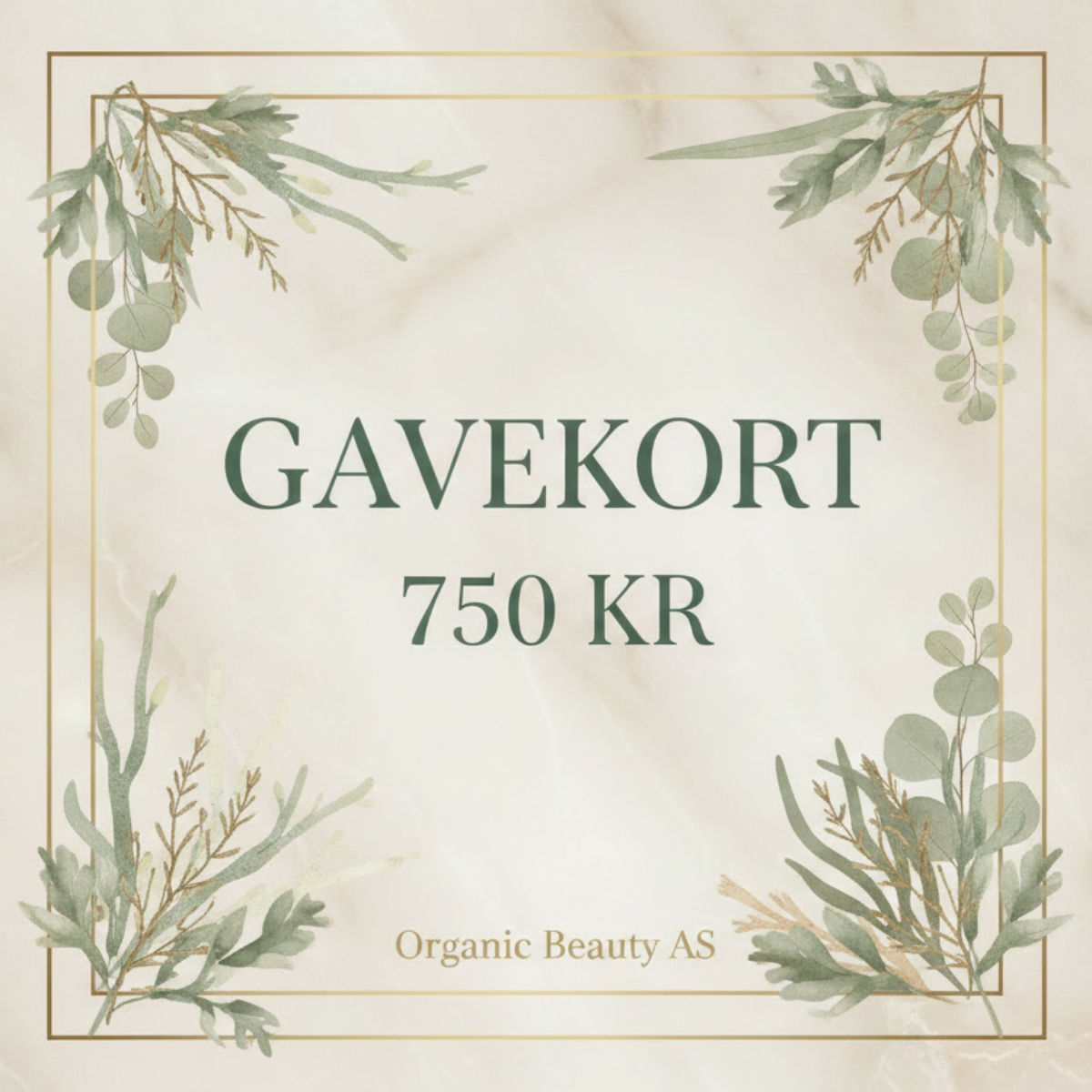 Gavekort 750 kr: "Organic Beauty AS gavekort 750 kr - luksuriøst design med beige marmor og botaniske elementer"