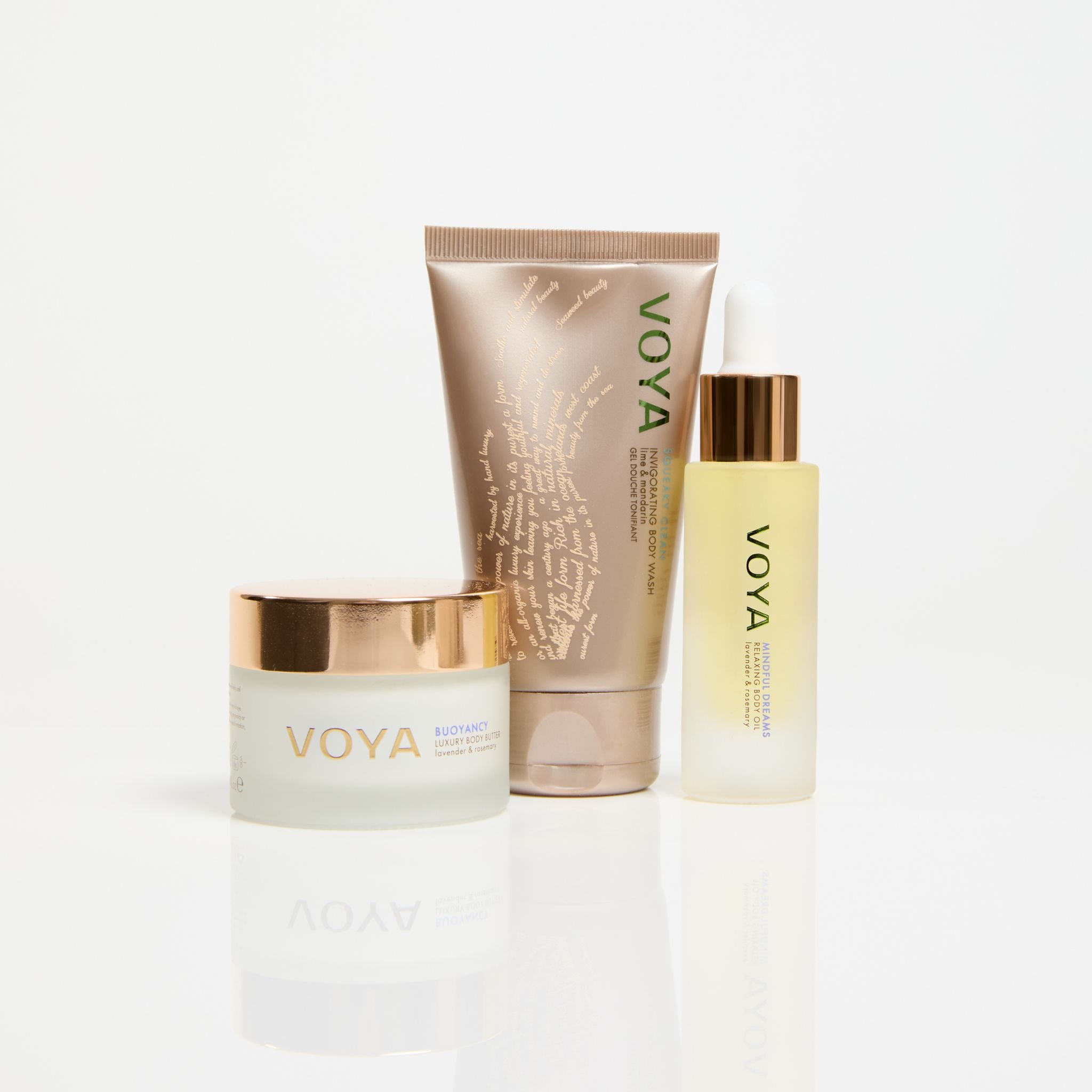 VOYA Discovery sett trio kropp med buoyancy body butter, mindful dreams olje og squeaky clean dusjgele