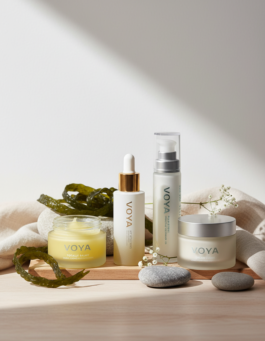 HUdpleiepakke fra VOYA til tørr hud, med rens, serum, dagkrem og nattkrem