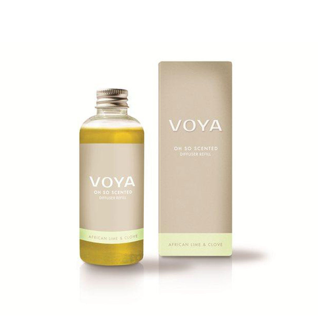 VOYA refill romduft – African Lime & Clove. Naturlig diffuser med eteriske oljer, lime og nellik i elegant glassflaske.